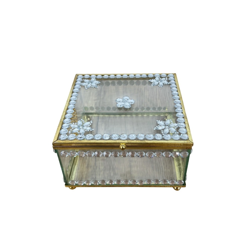 Glass Jewelry Box Trinket Keepsake Box‎ Decorative Rhinestone Accent Small